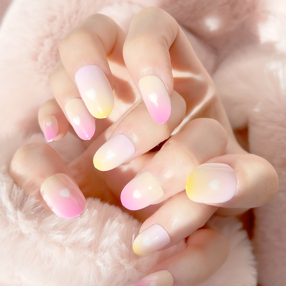 24 PCS PRESS ON NAIL TIPS OVAL SHAPE PINK AND YELLOW BLENDING full figure