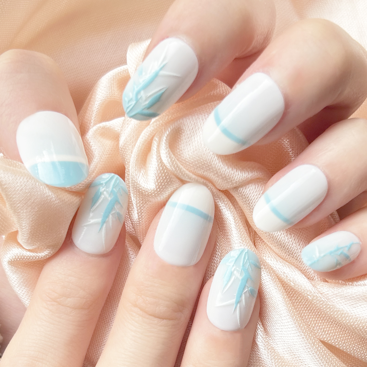 24 PCS PRESS ON NAIL TIPS OVAL SHAPE BABY BLUE COLOR BAMBOO full figure
