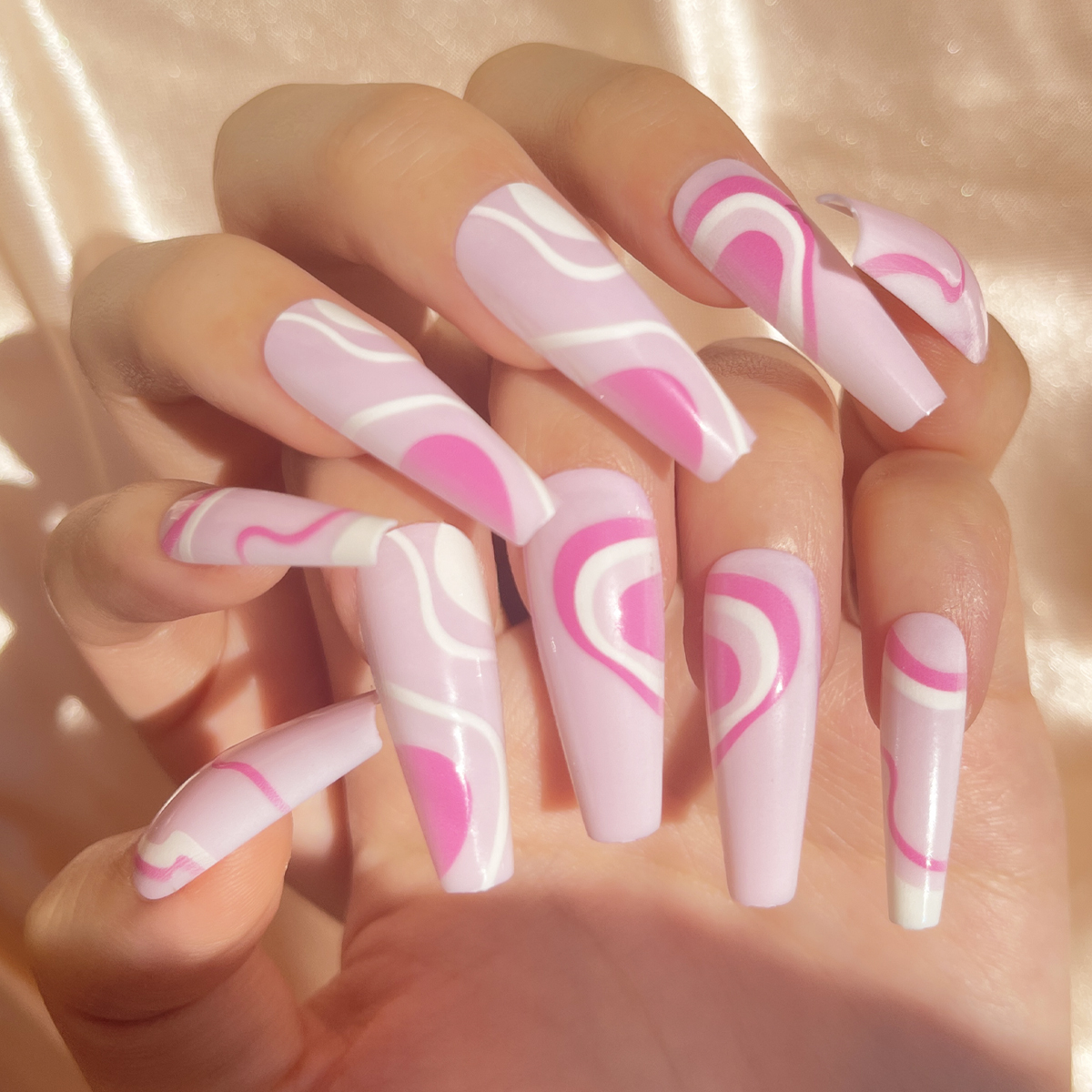 24 PCS PRESS ON NAIL TIPS BALLET SHAPE PINK LINES details Picture
