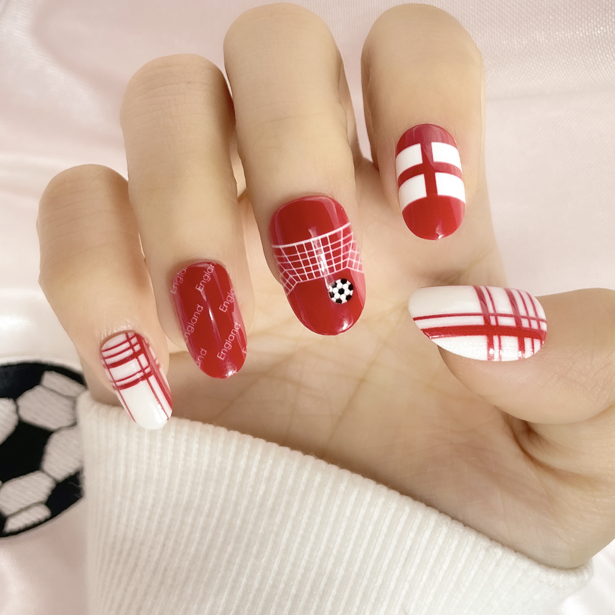 24 PCS PRESS ON NAIL TIPS OVAL SHAPE RED BASE COLOR FOOTBALL THEME details Picture