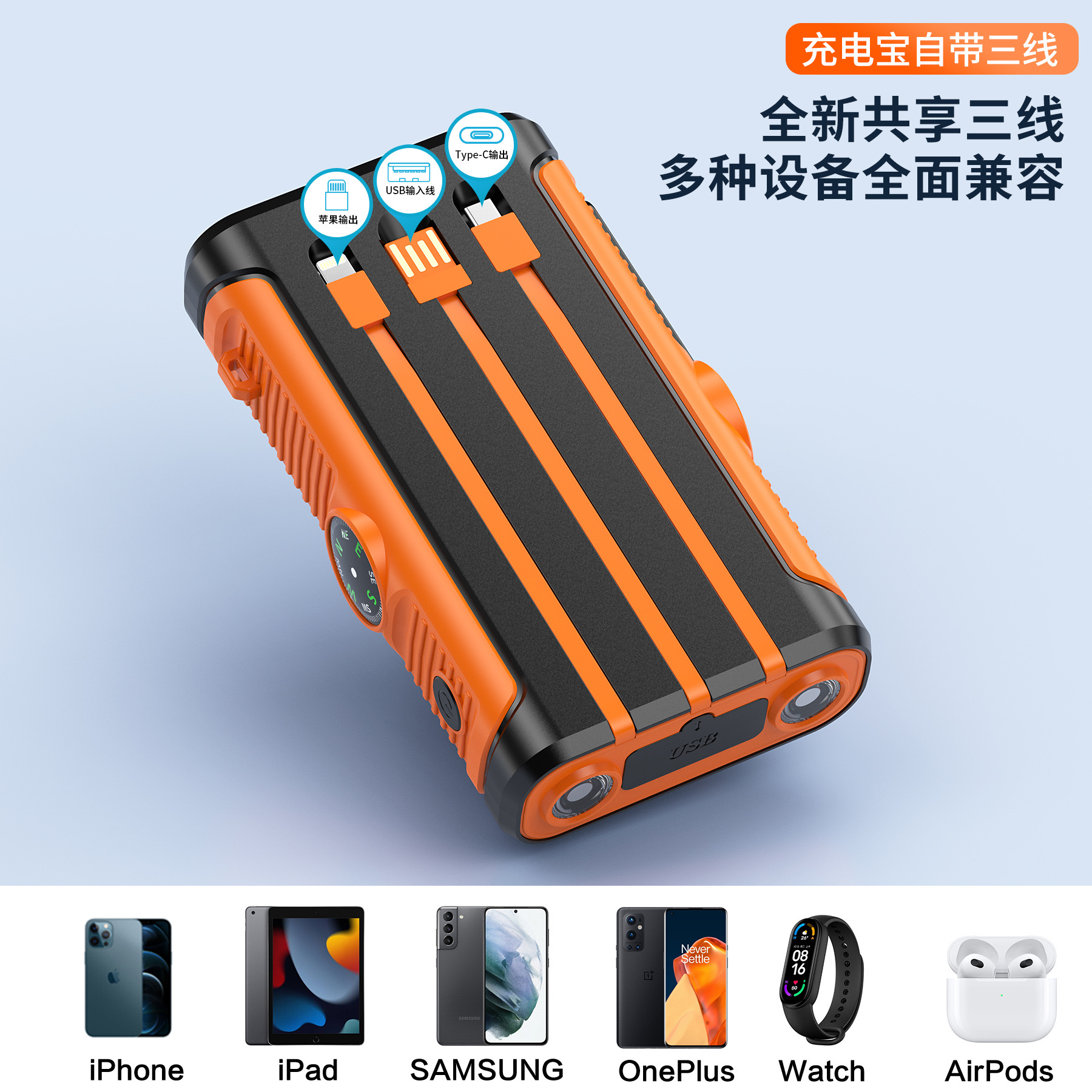 Cross-border solar outdoor camping hand-cranked power bank, 20000 mah fast charging, 22.5W built-in cable mobile power bank Application Scenario