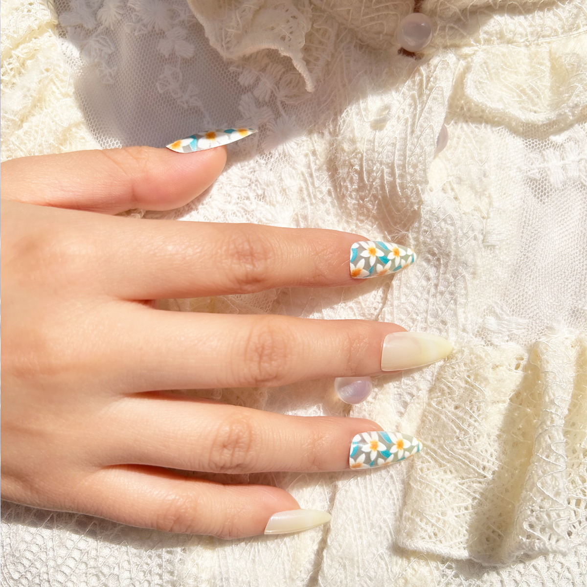 24 PCS PRESS ON NAIL TIPS ALMOND SHAPE WHITE FLOWER WITH BLUE LEAVES PATTERN undefined