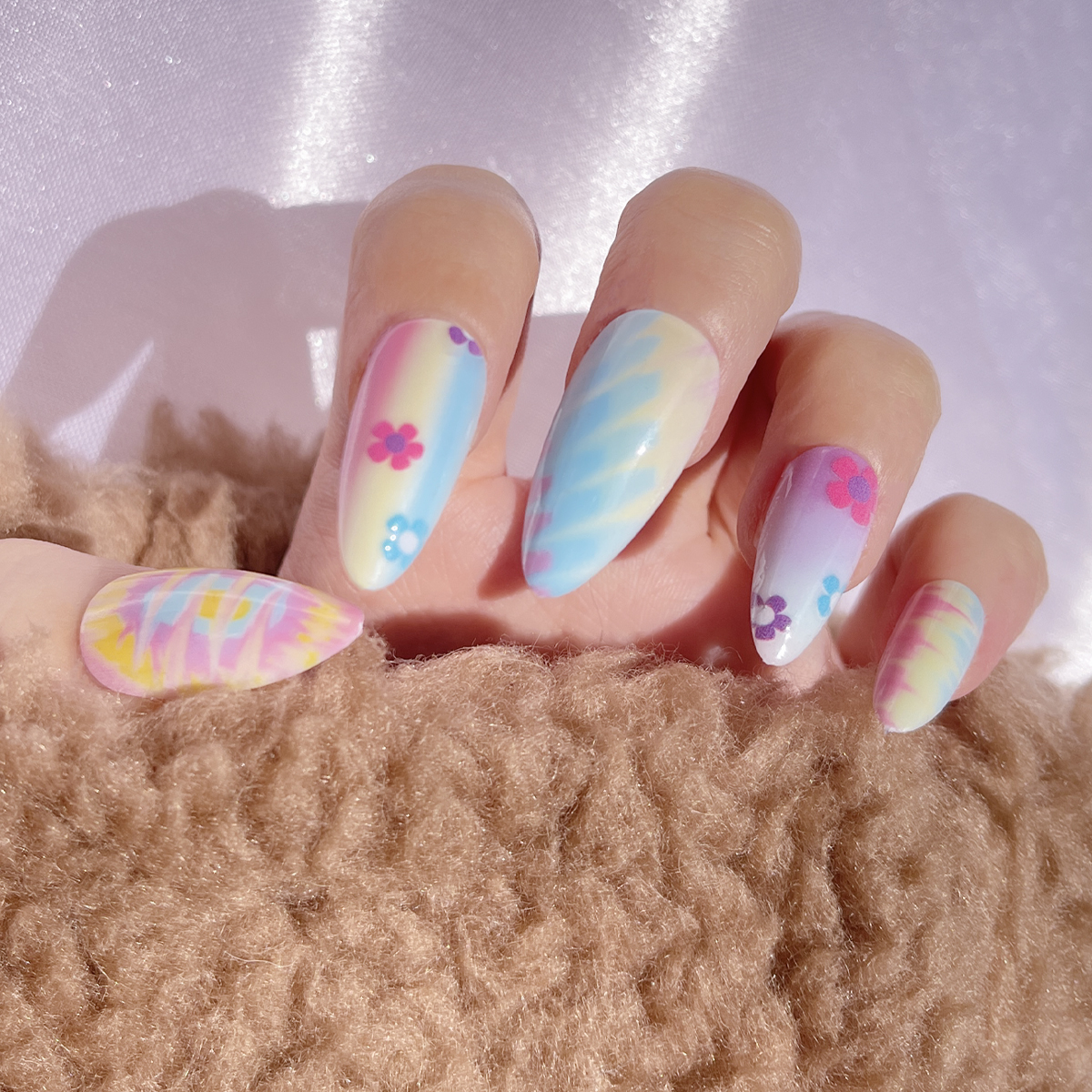 24 PCS PRESS ON NAIL TIPS ALMOND SHAPE COLORFUL BLENDING FLOWER PATTERN undefined