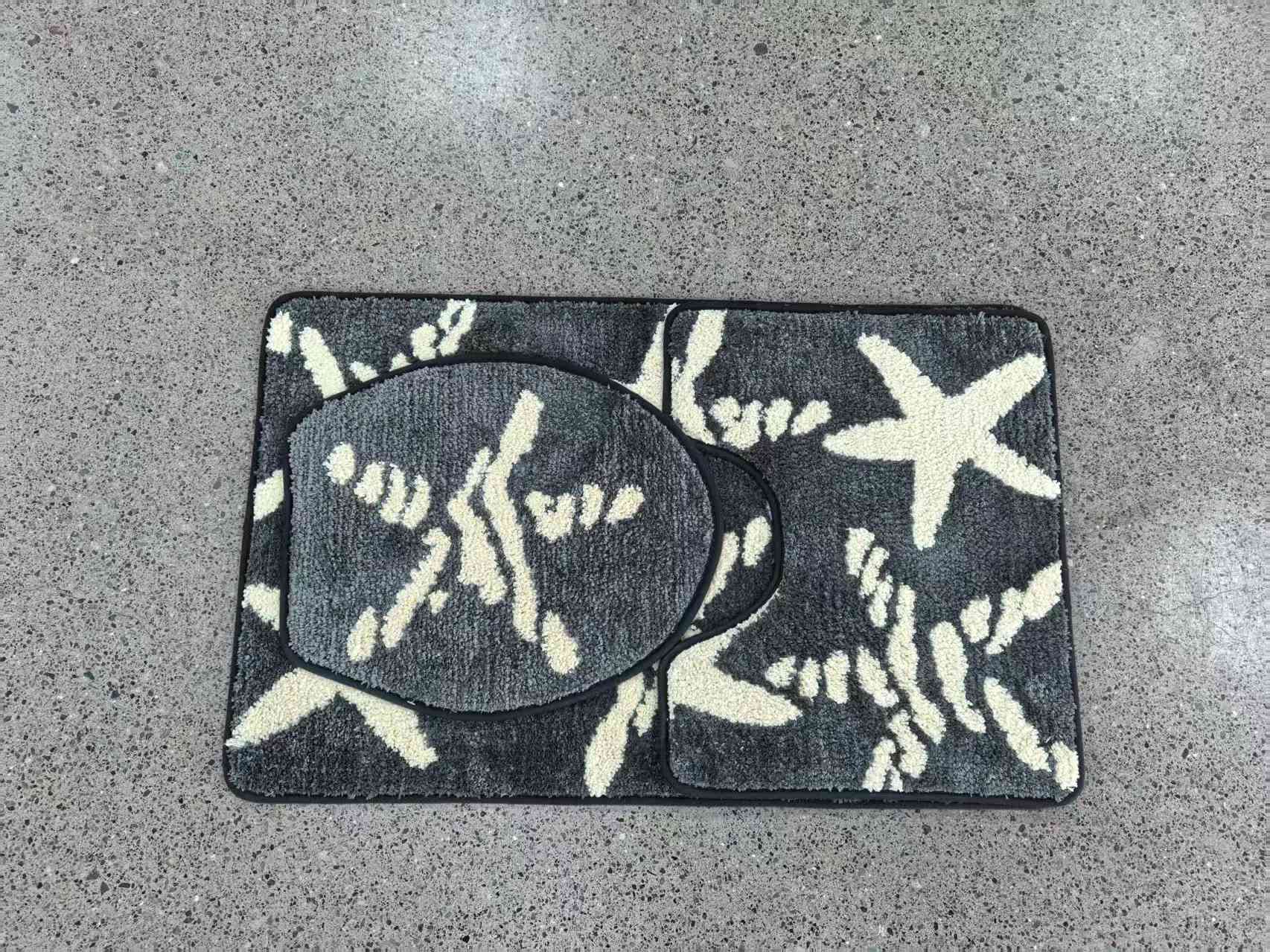 Russian cross-border simple toilet 3-piece set, flocked jacquard floor mat, anti-slip floor mat, bathroom floor mat in stock, foreign trade toilet 3-piece set, high-quality super fiber jacquard combination mat, no color fading, random mixed patterns... Application Scenario
