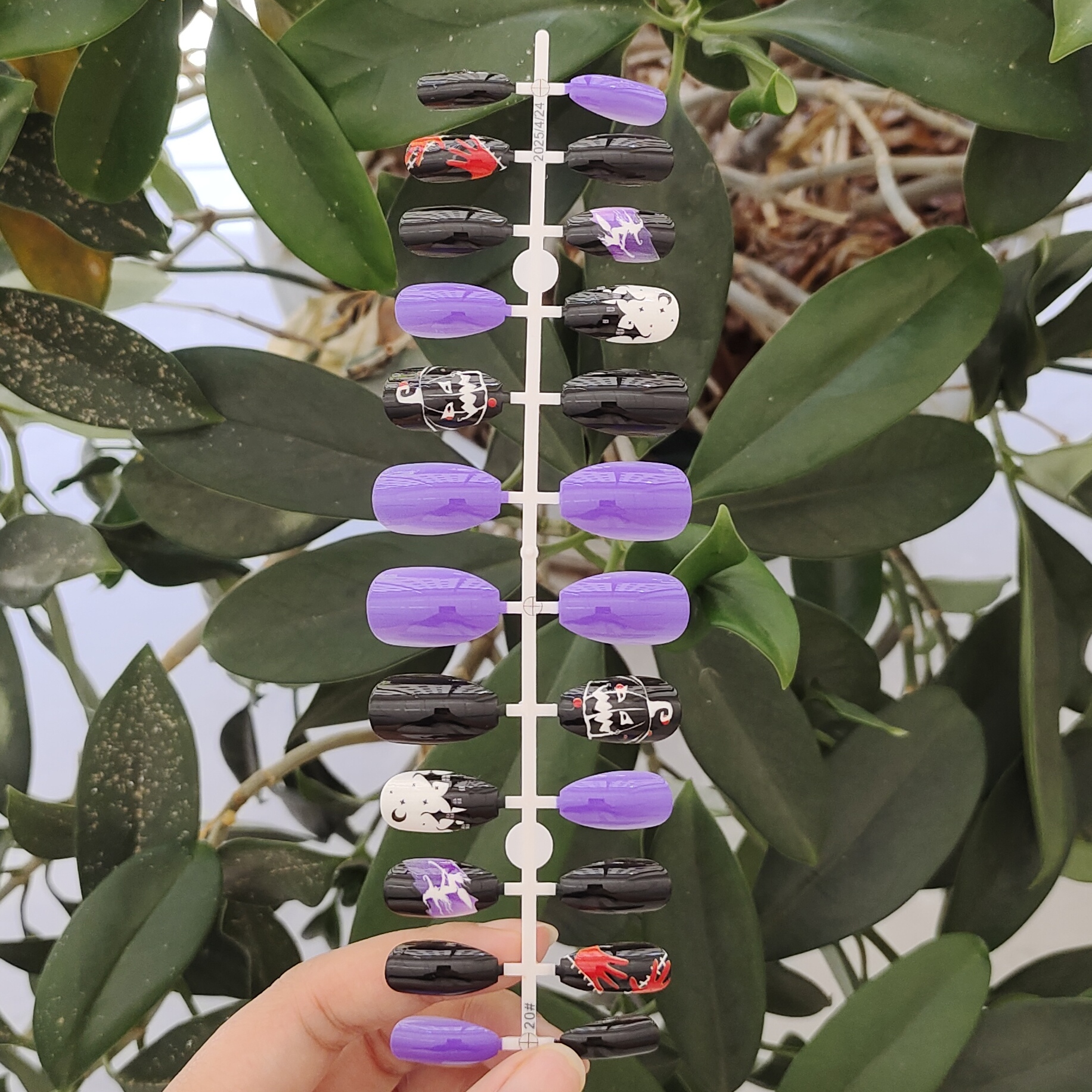 24 PCS PRESS ON NAIL TIPS SHORT COFFIN SHAPE THE PATTERN OF A WITCH RIDING A BROOM full figure