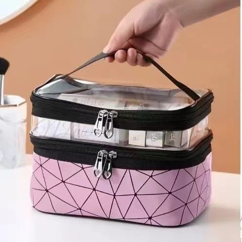 New diamond-shaped double-layer makeup bag, large-capacity, multi-functional portable travel skincare and toiletry bag, storage bag detail image 6