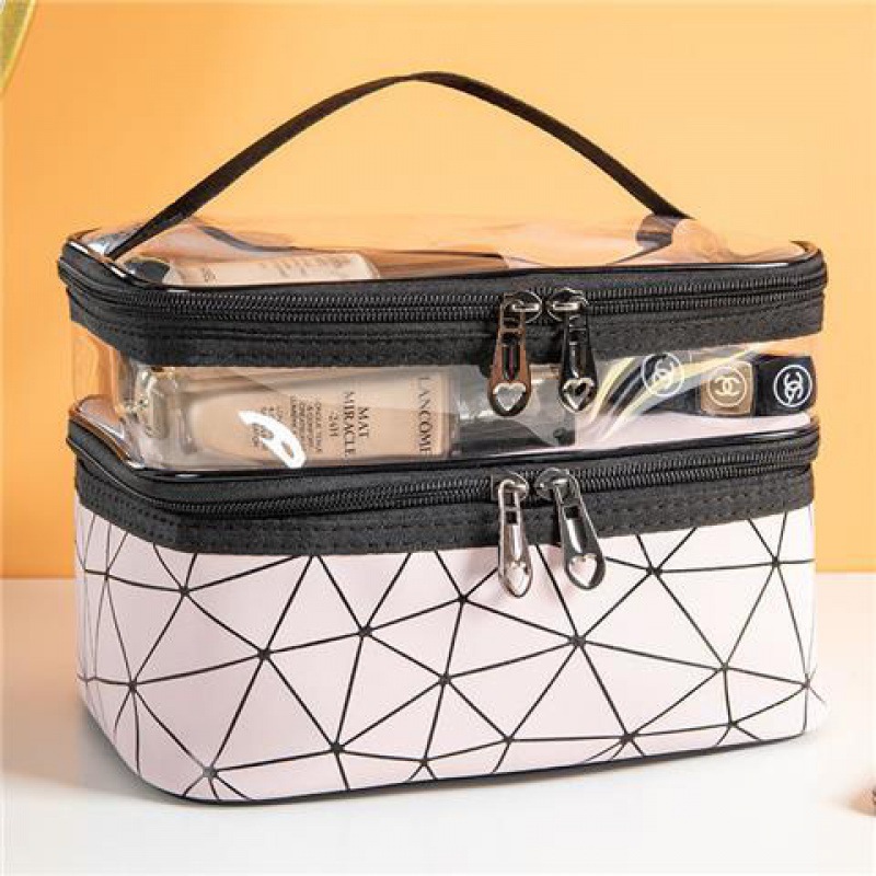 New diamond-shaped double-layer makeup bag, large-capacity, multi-functional portable travel skincare and toiletry bag, storage bag detail image 4