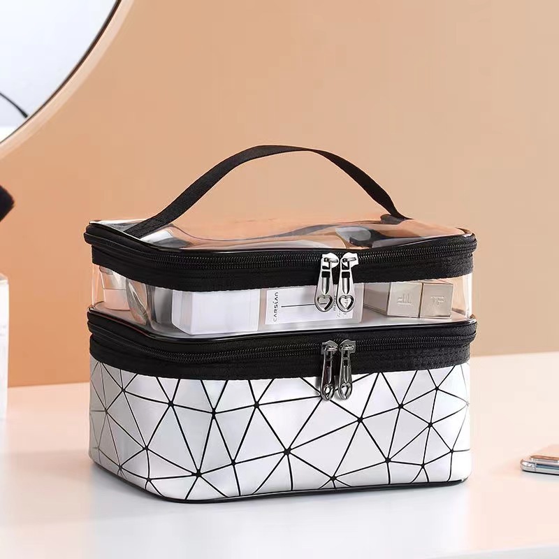 New diamond-shaped double-layer makeup bag, large-capacity, multi-functional portable travel skincare and toiletry bag, storage bag detail image 7