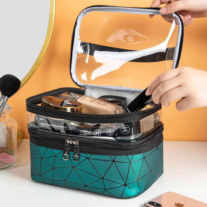 New diamond-shaped double-layer makeup bag, large-capacity, multi-functional portable travel skincare and toiletry bag, storage bag detail image 3