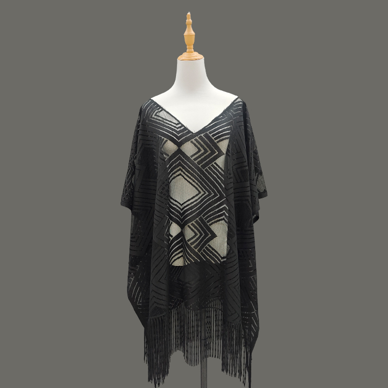Diamond-shaped tassel pullover beach blouse fabric, beach shawl, beach sun protection clothing fabric, foreign trade clothing, hollowed-out tassel shawl clothing fabric, unfinished clothes