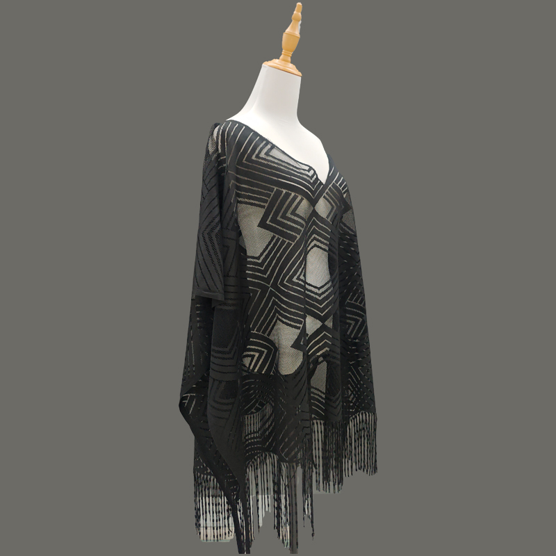 Diamond-shaped tassel pullover beach blouse fabric, beach shawl, beach sun protection clothing fabric, foreign trade clothing, hollowed-out tassel shawl clothing fabric, unfinished clothes Specification image