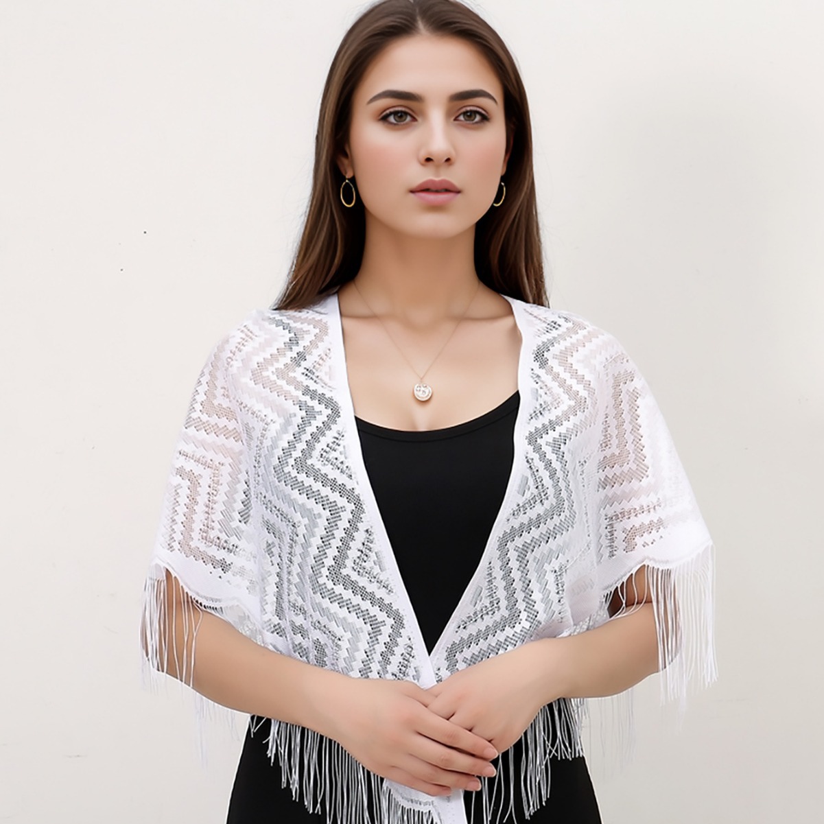 Lace wavy tassel triangular scarf shawl scarf Banquet shawl evening dress export clothing fabric non-finished products Specification image