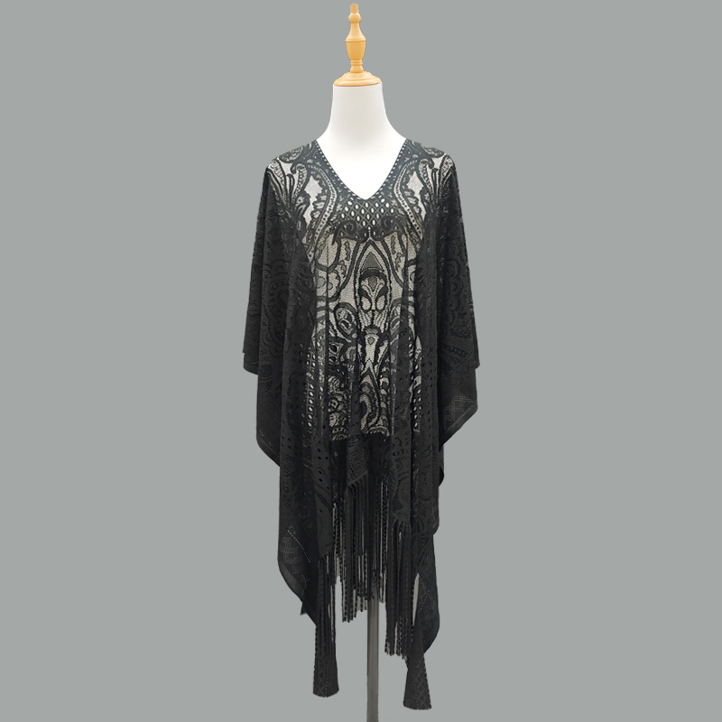 Cross-border direct supply of hollowed-out lace beach cover-up fabric, sexy beach wear, tassel pullover, shawl, scarf, export sun-protective clothing, fabric materials, Amazon direct supply, TK overseas best-selling non-finished products