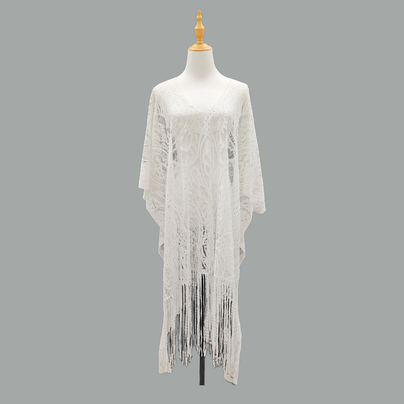 Cross-border direct supply of hollowed-out lace beach cover-up fabric, sexy beach wear, tassel pullover, shawl, scarf, export sun-protective clothing, fabric materials, Amazon direct supply, TK overseas best-selling non-finished products Application Scenario