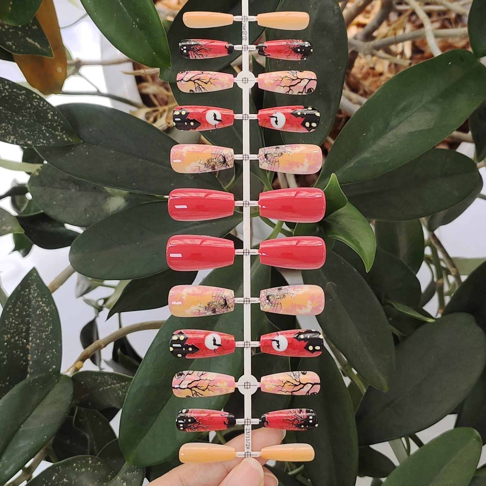 24 PCS PRESS ON NAIL TIPS COFFIN SHAPE DEAD TREES AND SPIDER WEBS PATTERN full figure