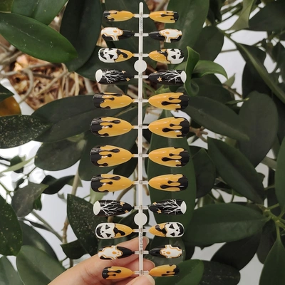 24 PCS PRESS ON NAIL TIPS ALMOND SHAPE PUMPKIN GHOST TRESS AND STARS PATTERN thumbnail