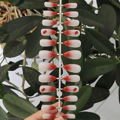 24 PCS PRESS ON NAIL TIPS ALMOND SHAPE RED AND WHITE BLENDING SPIDER AND SPIDER WEB PATTERN thumbnail