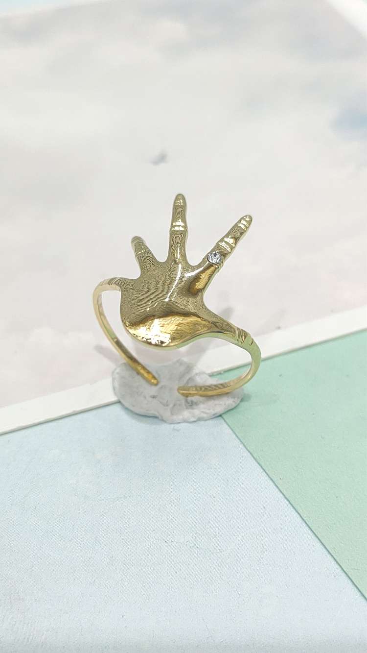 不锈钢材质手掌戒指潮流 精致流行钛钢立体可调节戒指 女士饰品优雅大气 独特设计时尚时尚饰品义乌石戒指