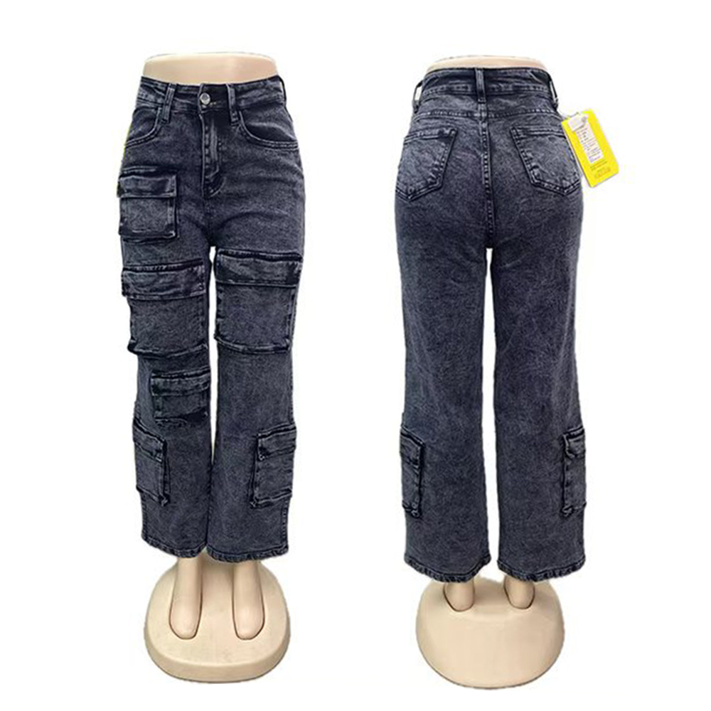 新款多口袋女式高腰百搭牛仔裤时尚牛仔裤女修身显瘦休闲裤详情1