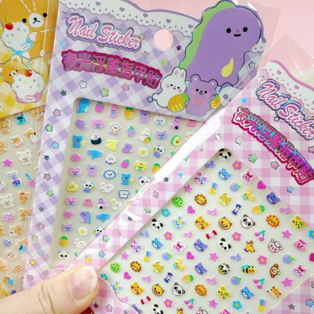 Animal cartoon luminous 5D embossed nail stickers, cartoon cute embossed creative nail stickers, embossed nail stickers Specification image