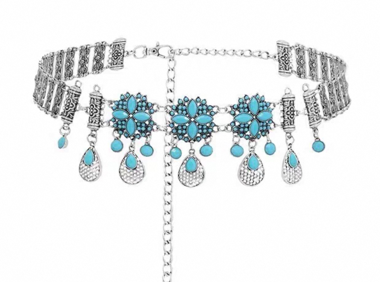 波西米亚风复古合金镶钻水滴流苏流行腰链 产品图