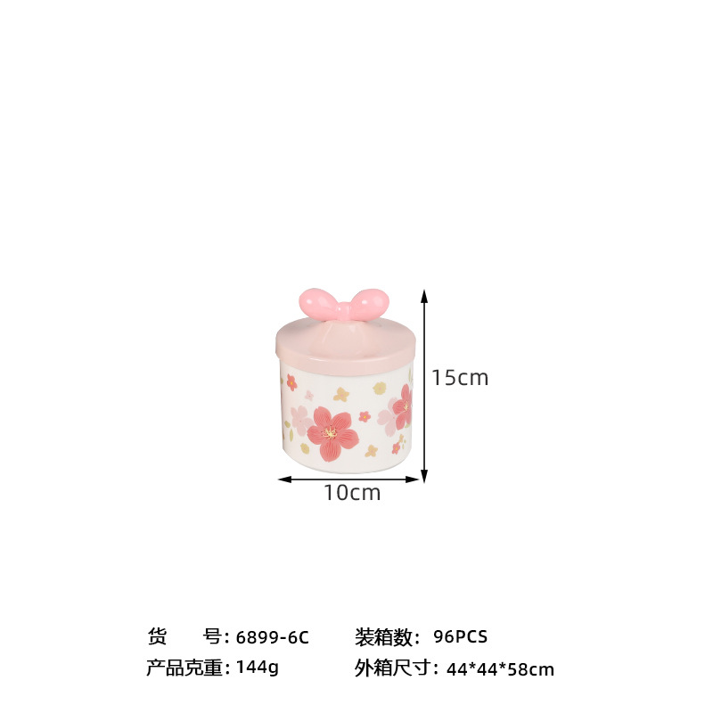 X10-6899-6c Ins-style pink cherry blossom candy jar, European-style jar, tea jar, kitchen grain storage jar Item Picture