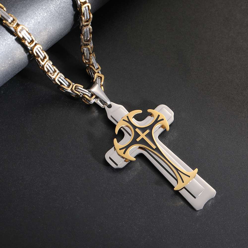 This is a popular titanium steel long necklace with a powerful European and American pattern and a three-layer cross pendant necklace Application Scenario