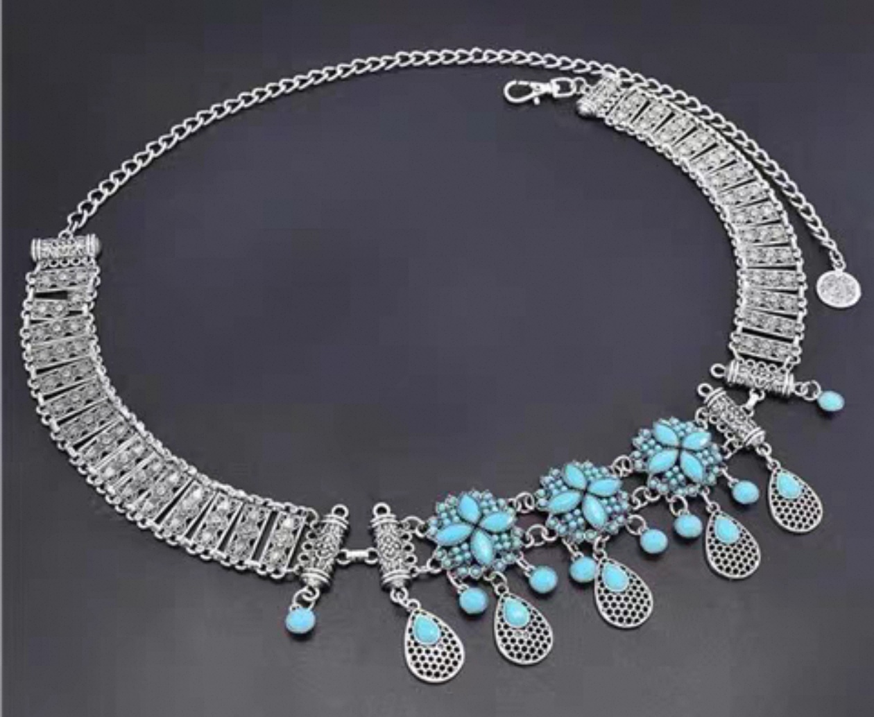 波西米亚风复古合金镶钻水滴流苏流行腰链 