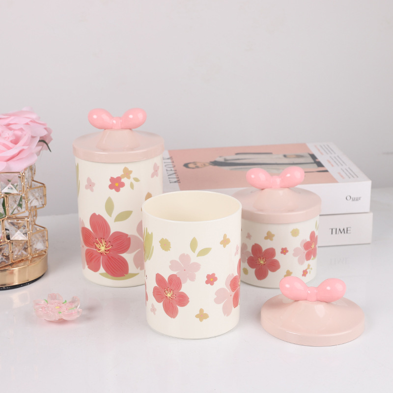 X10-6899-6c Ins-style pink cherry blossom candy jar, European-style jar, tea jar, kitchen grain storage jar Specification image