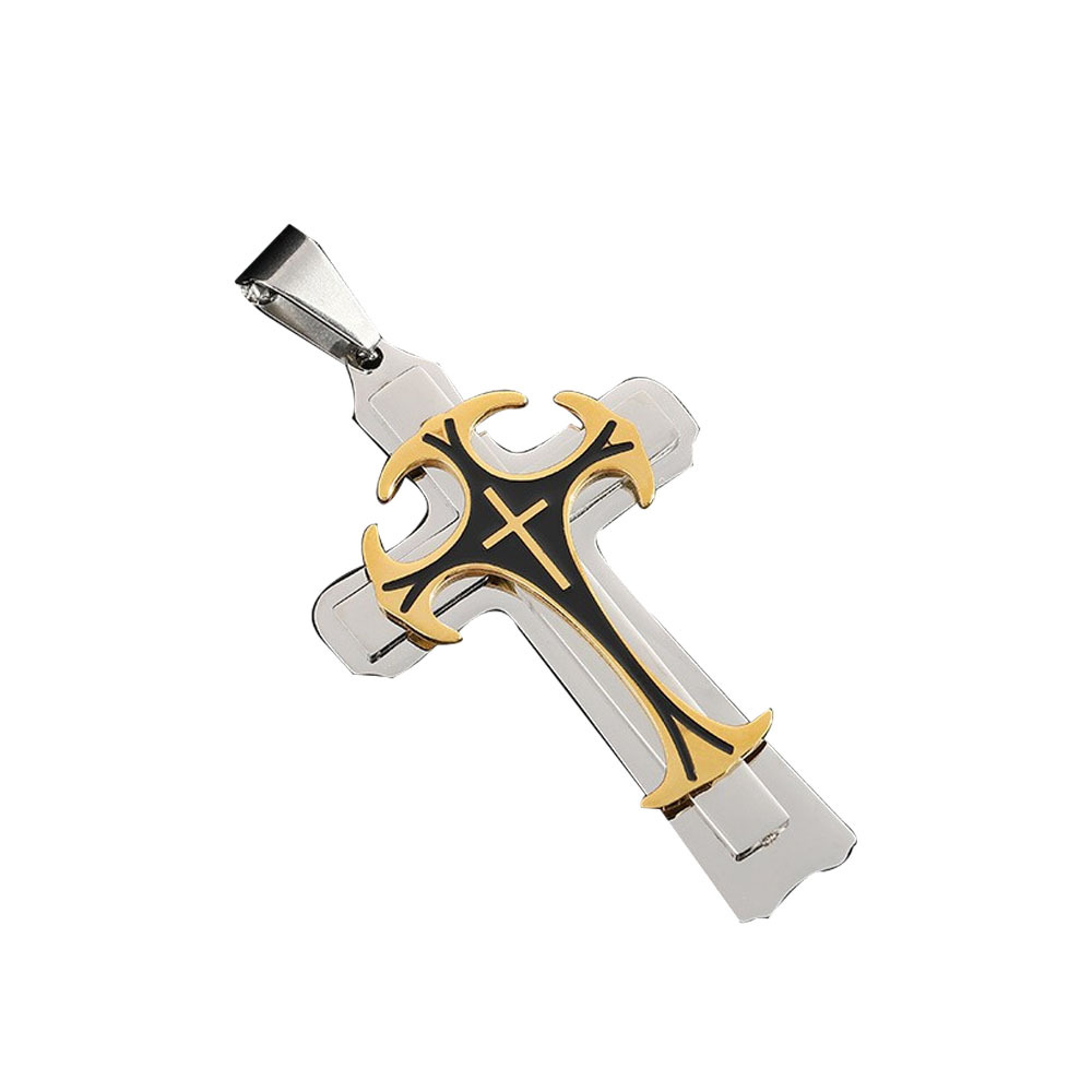 This is a popular titanium steel long necklace with a powerful European and American pattern and a three-layer cross pendant necklace Specification image