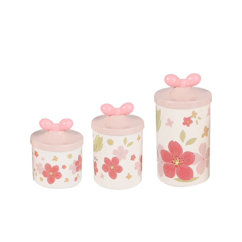 X10-6899-6c Ins-style pink cherry blossom candy jar, European-style jar, tea jar, kitchen grain storage jar Application Scenario