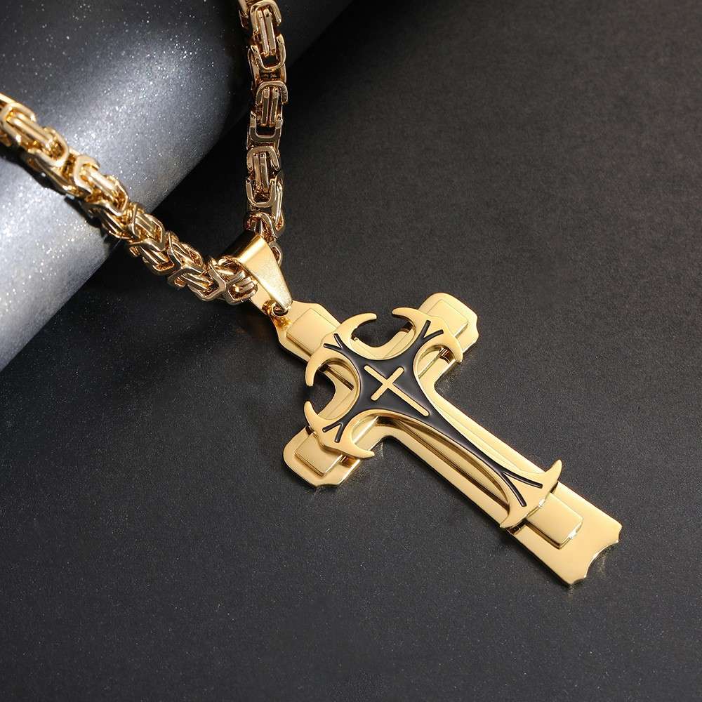 This is a popular titanium steel long necklace with a powerful European and American pattern and a three-layer cross pendant necklace Item Picture