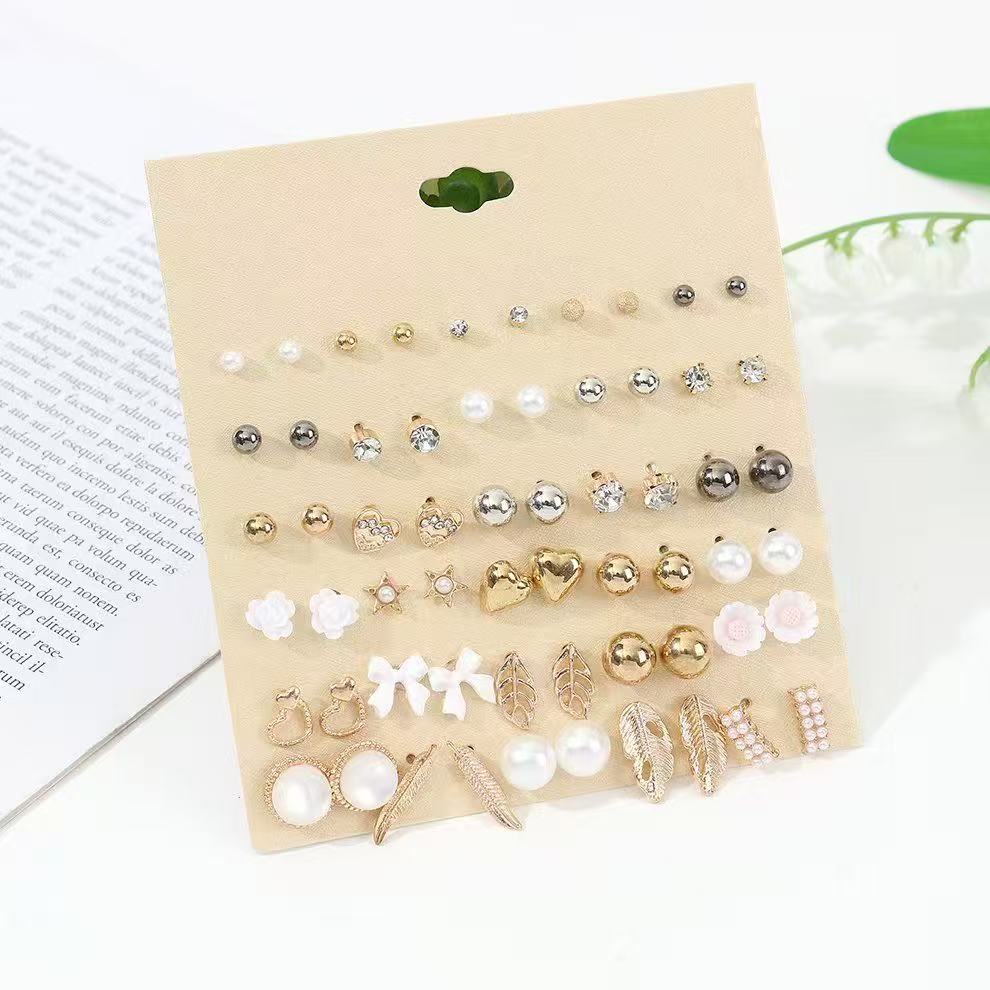 Fashionable bestseller earring set for girls, fresh and delicate with diamond-encrusted heart, flower, leaf and pearl earrings for girls Specification image