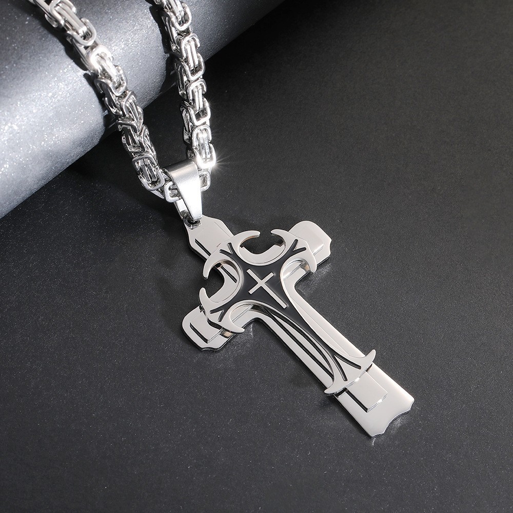 This is a popular titanium steel long necklace with a powerful European and American pattern and a three-layer cross pendant necklace details Picture