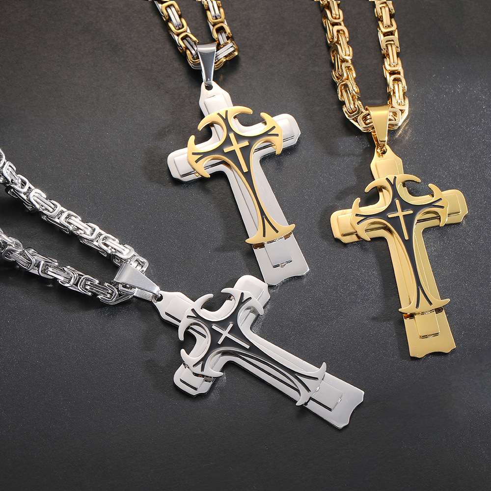 This is a popular titanium steel long necklace with a powerful European and American pattern and a three-layer cross pendant necklace