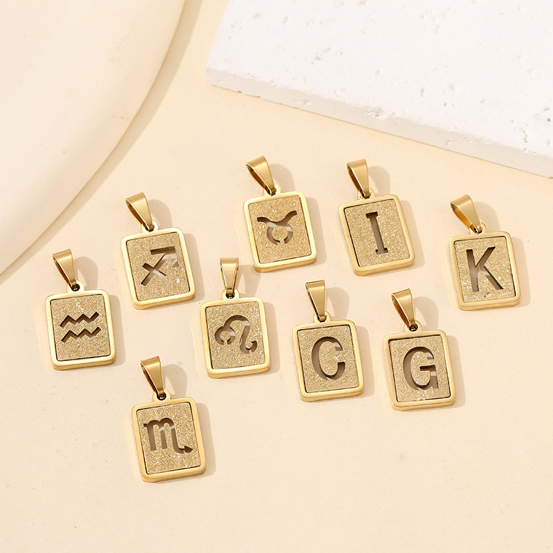 跨境简约不锈钢闪砂星座项链配件女士时尚压砂钛钢吊坠饰品图