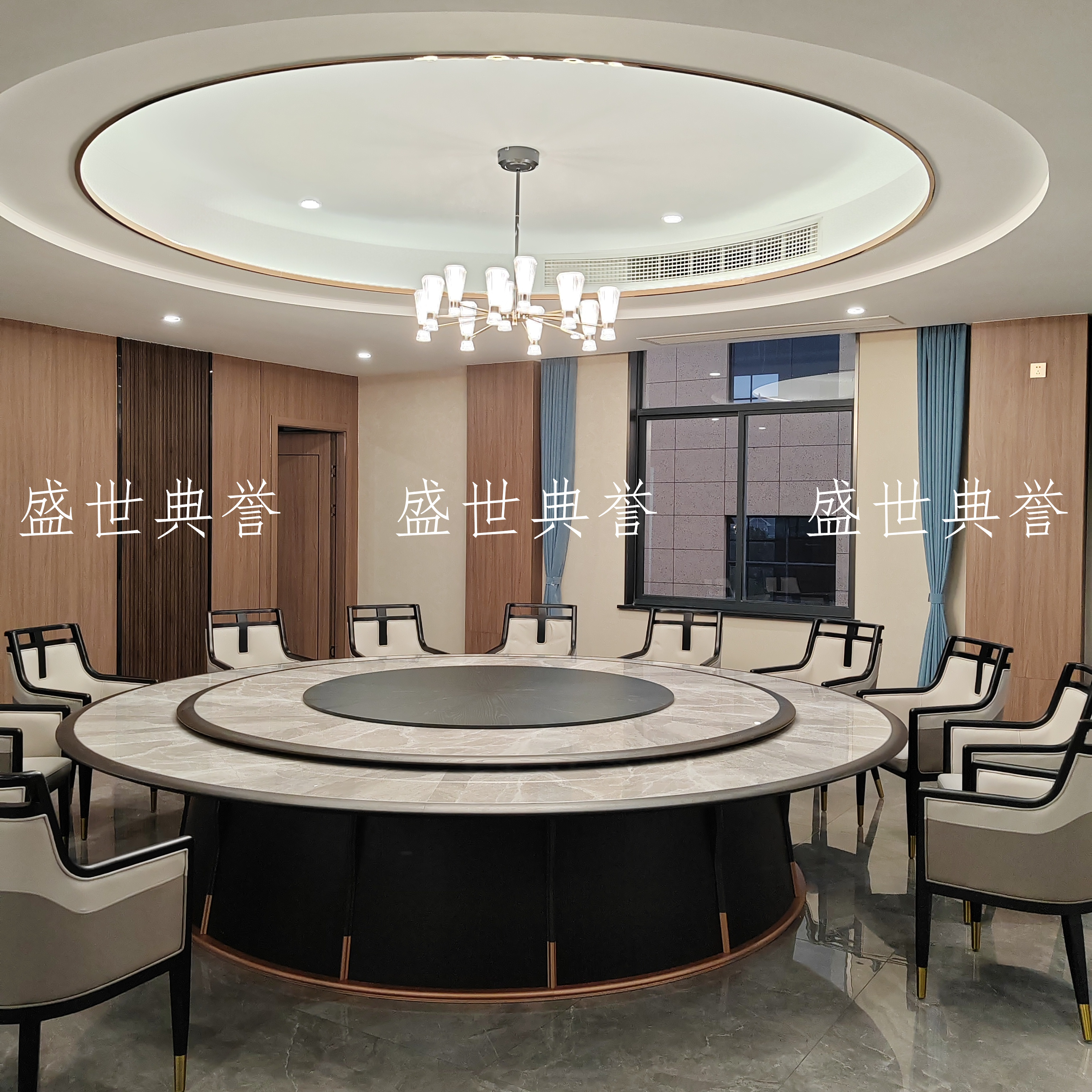 珠海星级酒店电动桌椅宴会中心包厢实木电动圆桌会所轻奢岩板餐桌