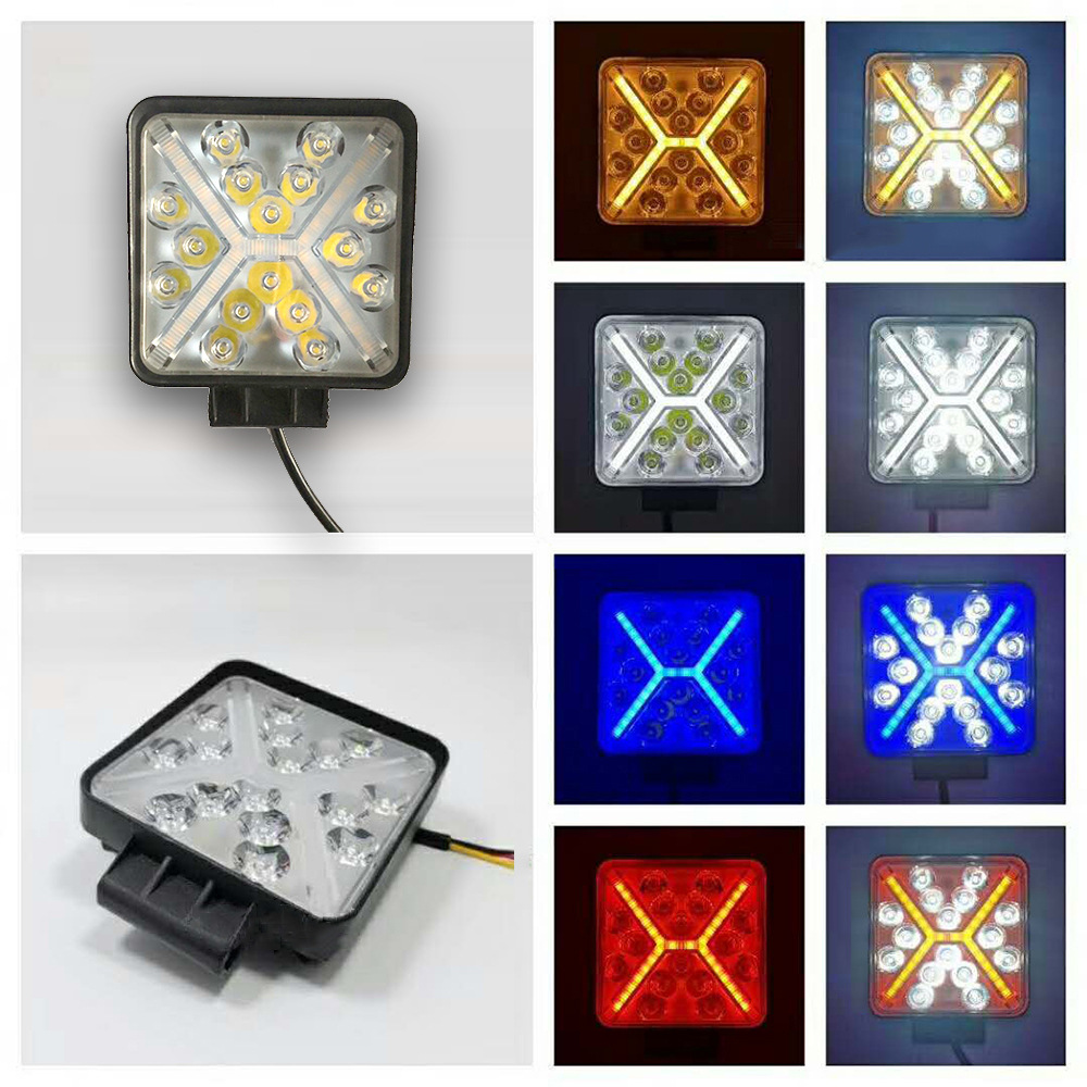 4-inch 48W LED work light, square car and truck front bumper headlight, yellow X-shaped dual-color light, 12V and 24V universal details Picture