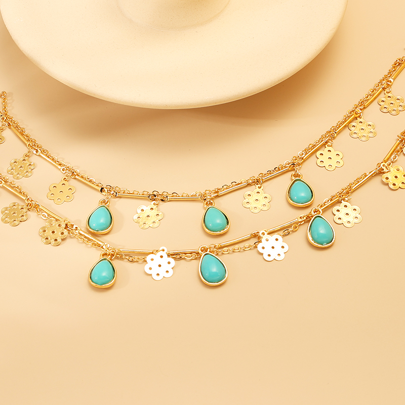 夏季沙滩时尚优雅脚链金色脚链松石水滴搭配花朵脚链脚饰