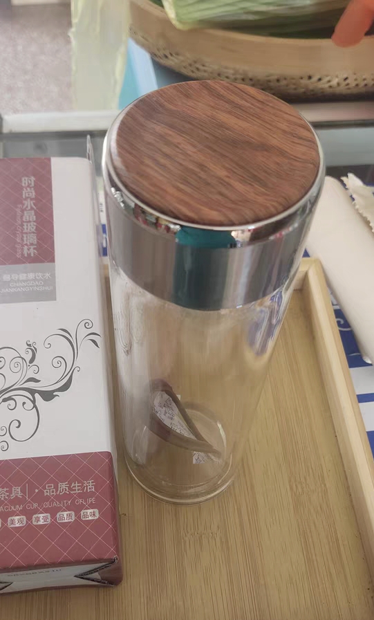 3054-350ml wood-grain lid double-layer insulated glass cup, practical gift cup for men and women to make tea, explosion-proof and heat-resistant Specification image