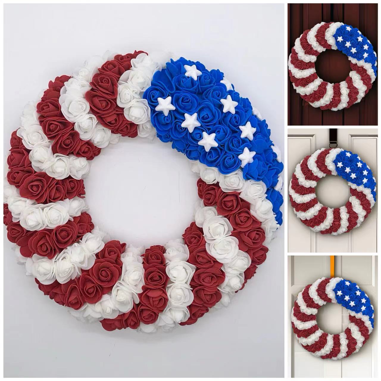 跨境新款独立日花环美国独立日花环仿真花花圈门挂户外庭院派对