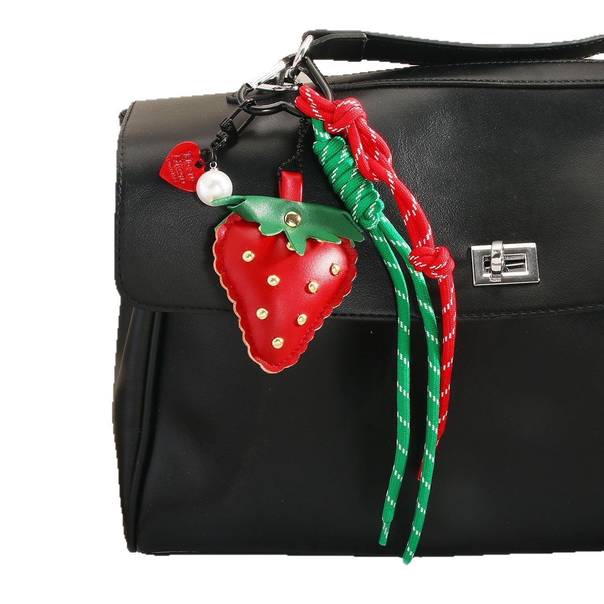 Miu-style cute leather strawberry pendant, keychain, woven rope, heart-shaped mobile phone chain, bag pendant, high-end feel Item Picture