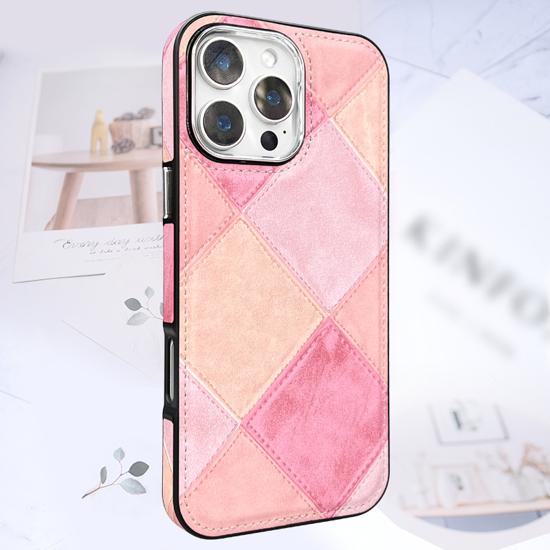 新款适用iphone16pro手机壳苹果16几何皮质保护套14pm拼色高级感 粉色