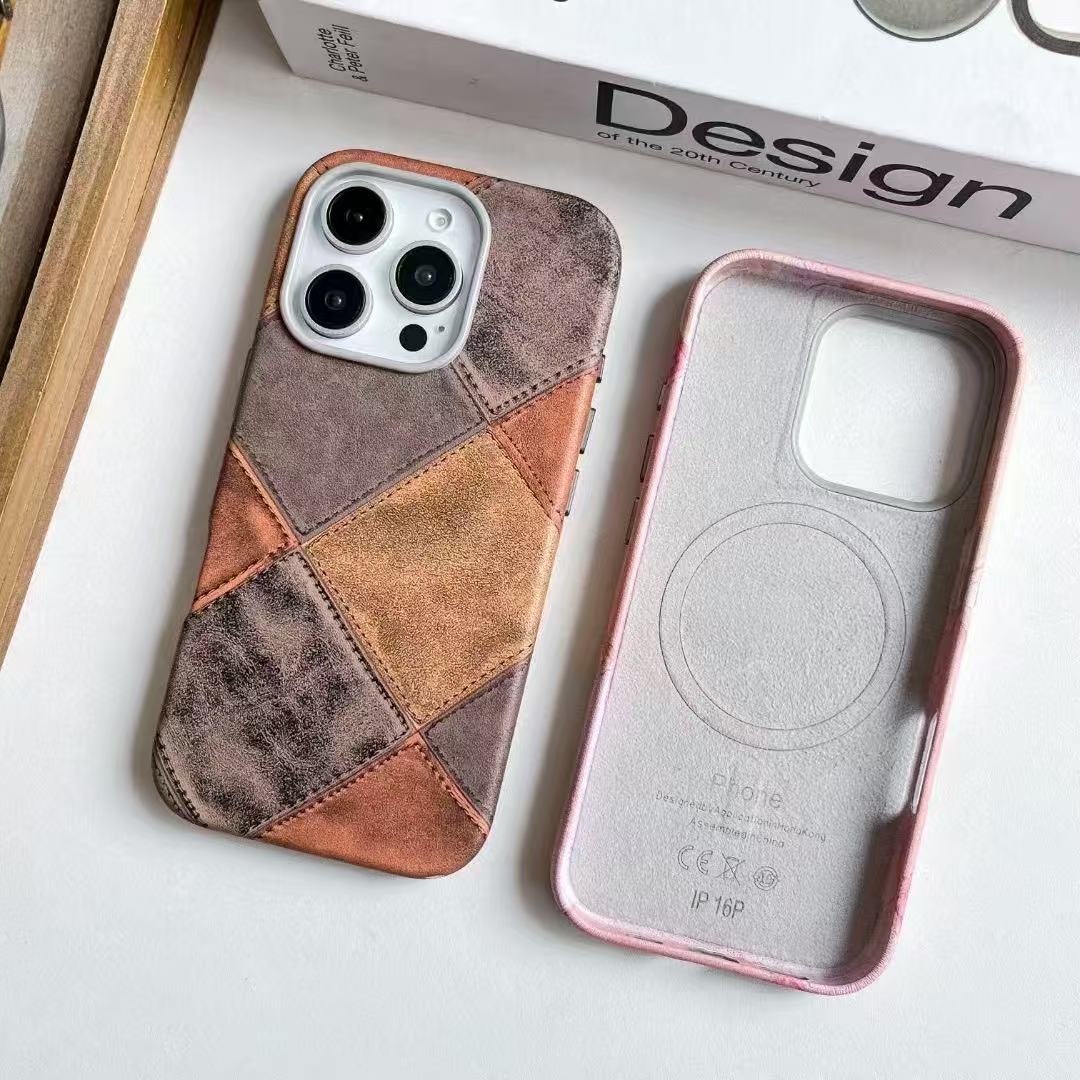 新款适用iphone16pro手机壳苹果16几何皮质保护套14pm拼色高级感