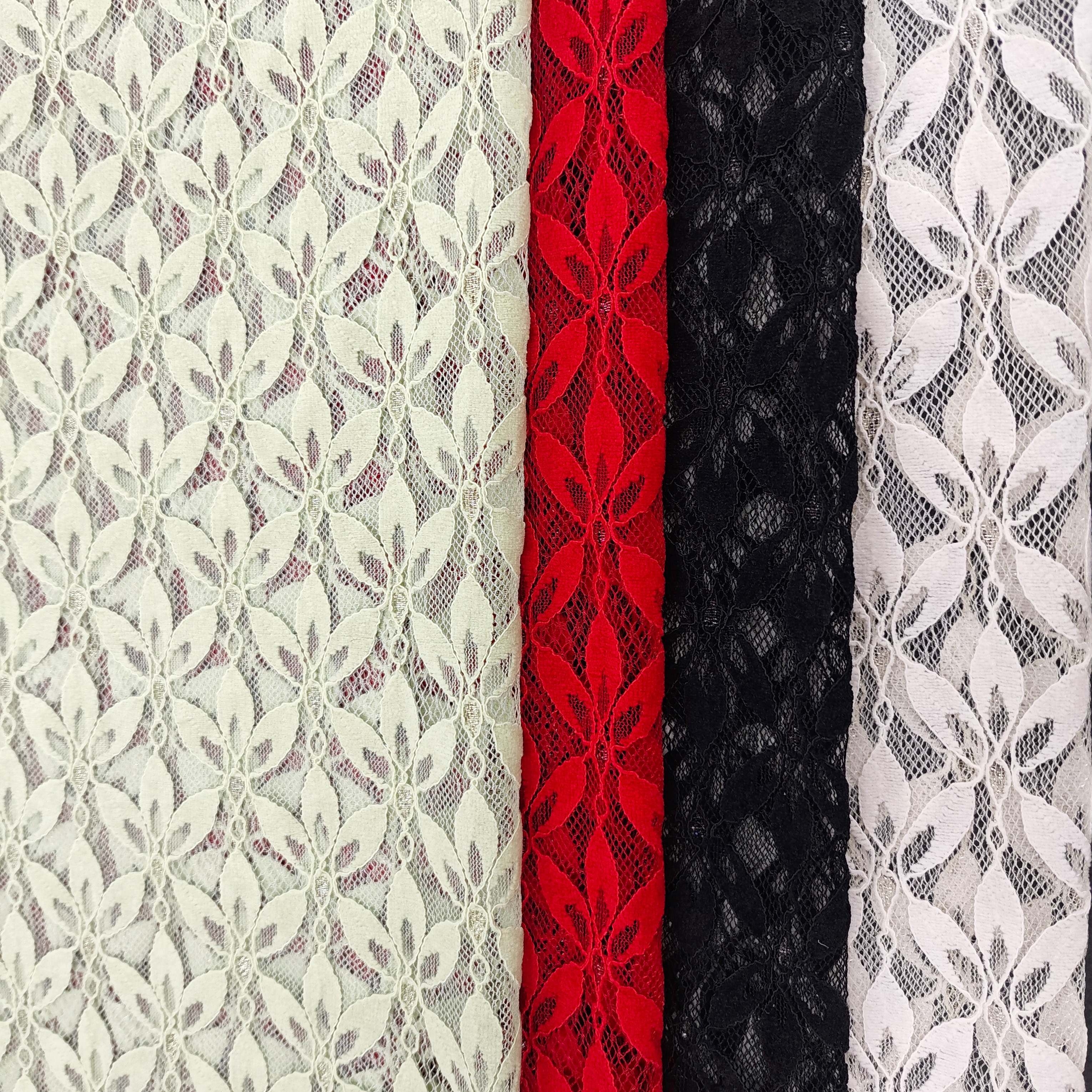 High-quality in-stock gold thread leaf lace clothing fabric, bright silk fabric, sexy cut-out clothing fabric accessories, polyester non-elastic fabric pic 1