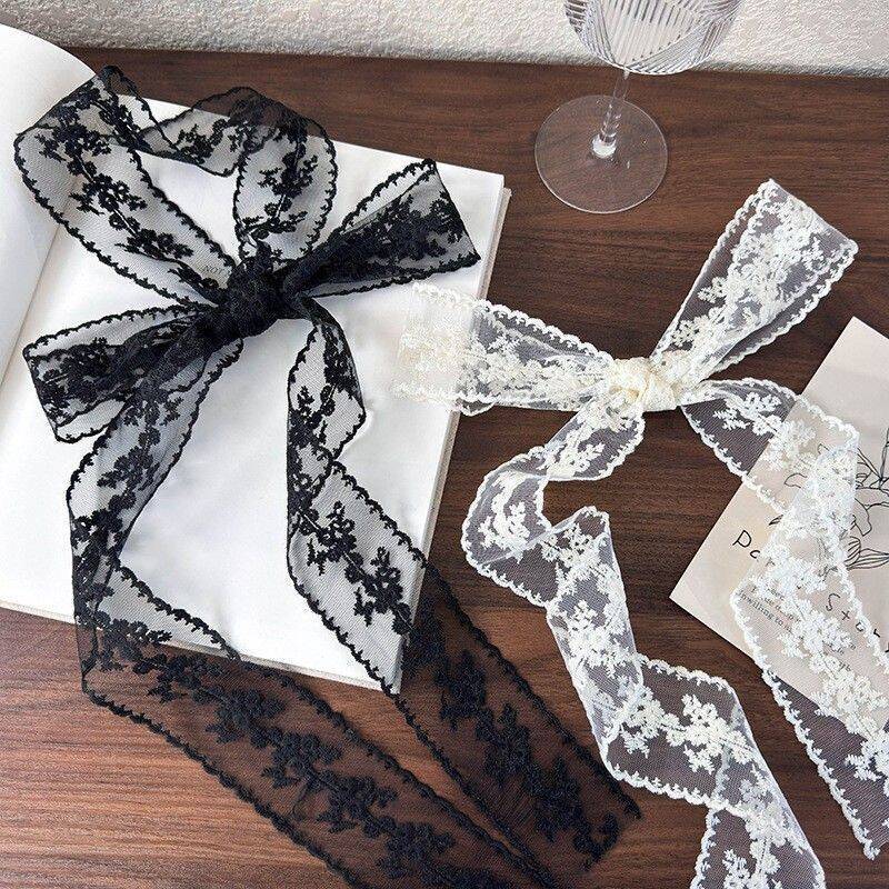 Lace-trimmed ribbon Korean style versatile slender silk scarf, retro decorative neckerchief, belt, hair band spring and summer ins flowing ribbon detail image 5