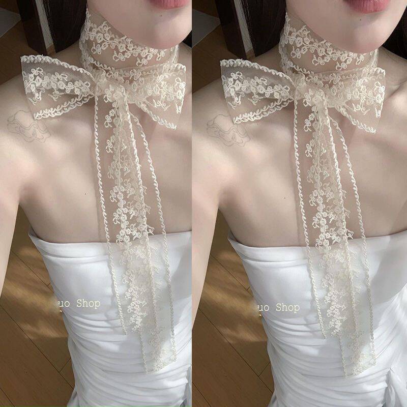 Lace-trimmed ribbon Korean style versatile slender silk scarf, retro decorative neckerchief, belt, hair band spring and summer ins flowing ribbon detail image 6