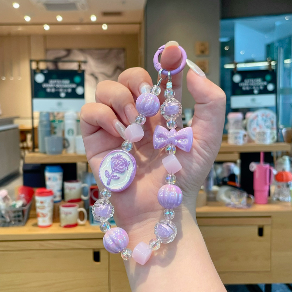 New oil-dripping rose chip mobile phone chain pendant, pumpkin bead beaded camera chain, keychain, bag, mobile phone pendant, women's short style, European and American Specification image