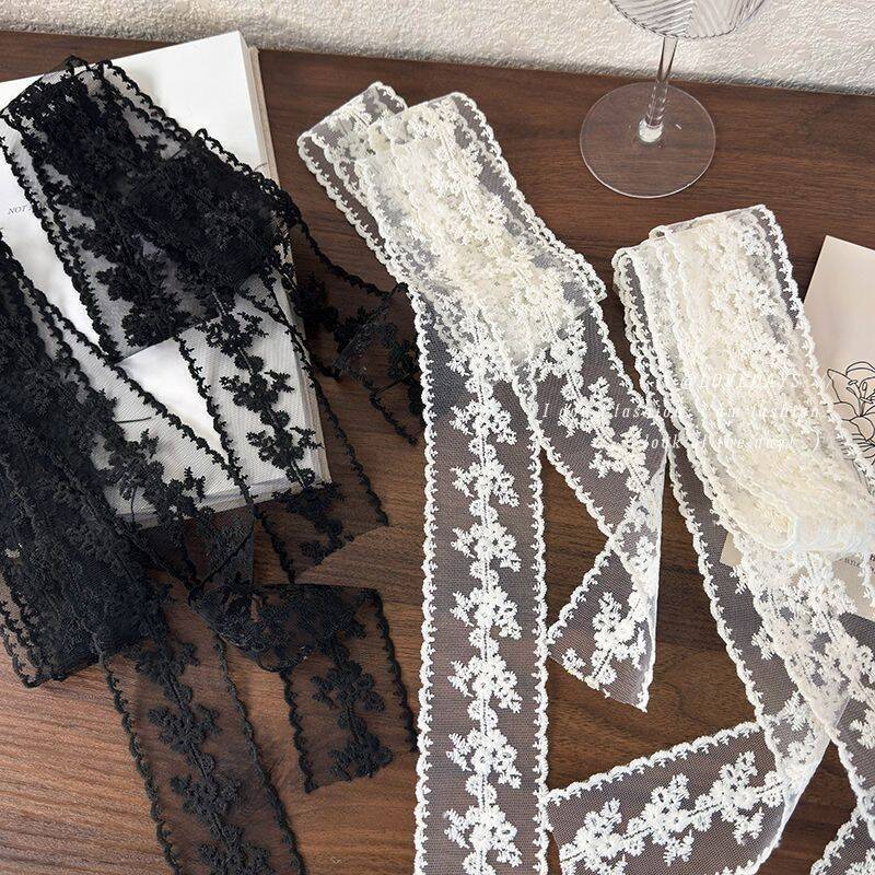 Lace-trimmed ribbon Korean style versatile slender silk scarf, retro decorative neckerchief, belt, hair band spring and summer ins flowing ribbon detail image 2