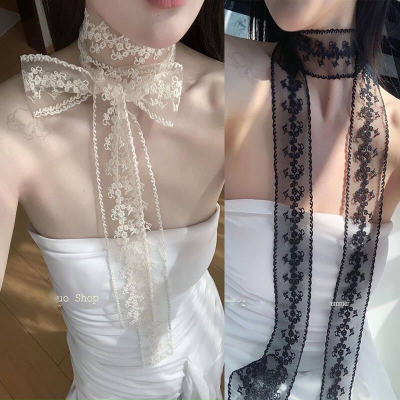Lace-trimmed ribbon Korean style versatile slender silk scarf, retro decorative neckerchief, belt, hair band spring and summer ins flowing ribbon Specification image